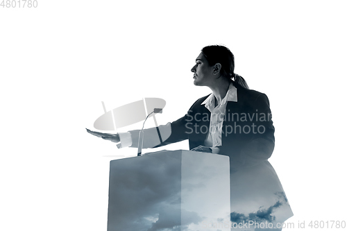 Image of Speaker, coach or chairwoman during politician speech on white background