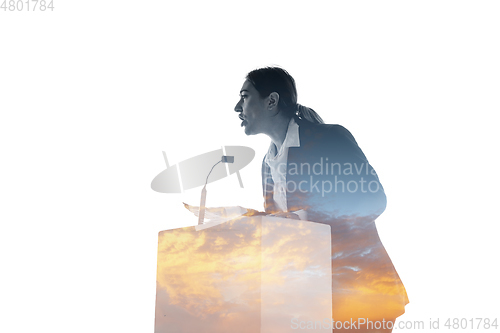 Image of Speaker, coach or chairwoman during politician speech on white background