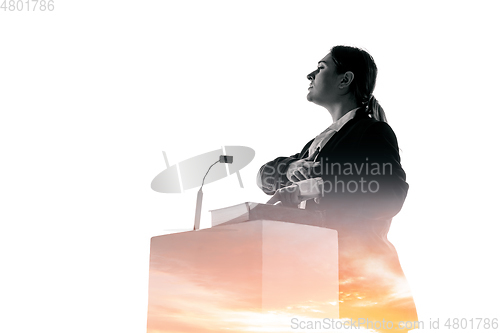 Image of Speaker, coach or chairwoman during politician speech on white background