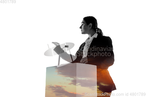 Image of Speaker, coach or chairwoman during politician speech on white background