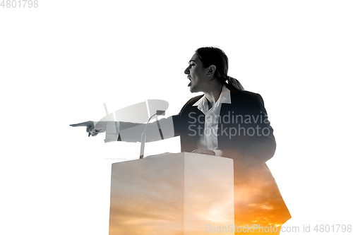 Image of Speaker, coach or chairwoman during politician speech on white background