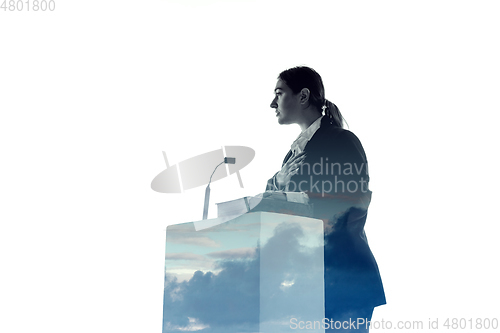 Image of Speaker, coach or chairwoman during politician speech on white background