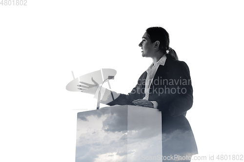 Image of Speaker, coach or chairwoman during politician speech on white background