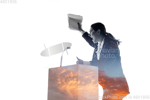 Image of Speaker, coach or chairwoman during politician speech on white background