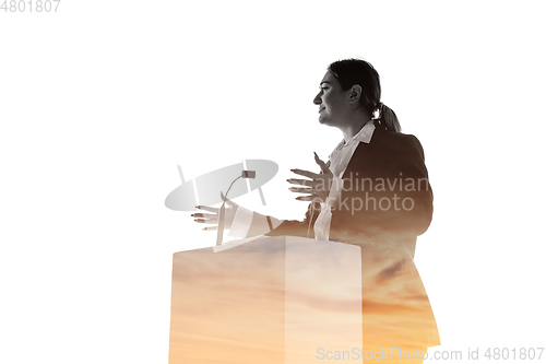 Image of Speaker, coach or chairwoman during politician speech on white background