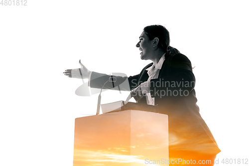 Image of Speaker, coach or chairwoman during politician speech on white background