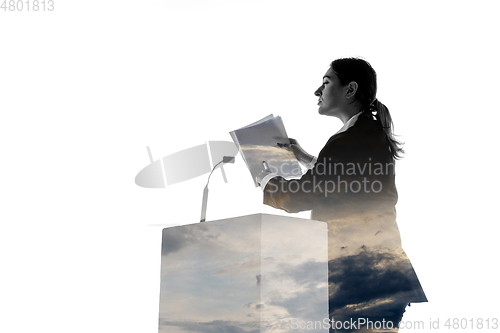 Image of Speaker, coach or chairwoman during politician speech on white background