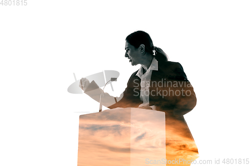 Image of Speaker, coach or chairwoman during politician speech on white background