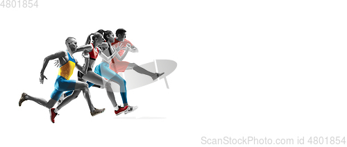 Image of Young caucasian sportsmen running and jumping on white background