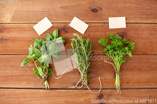 Image of greens, spices or medicinal herbs on wooden boards