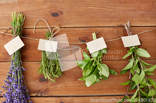 Image of greens, spices or medicinal herbs on wood