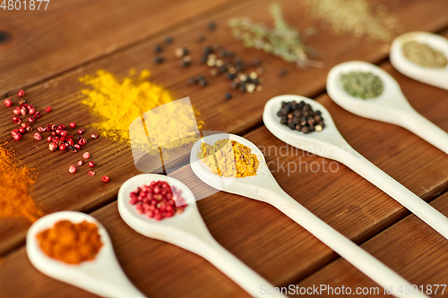 Image of spoons with different spices on wooden table