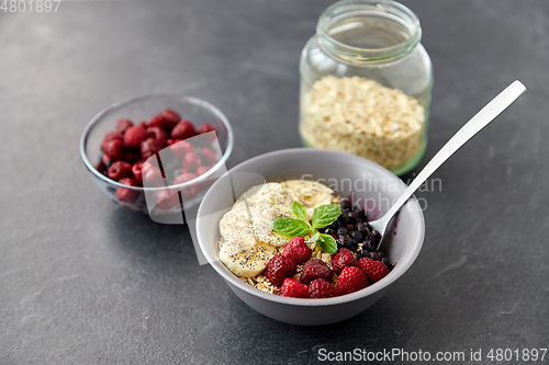 Image of cereal breakfast with berries, banana and spoon