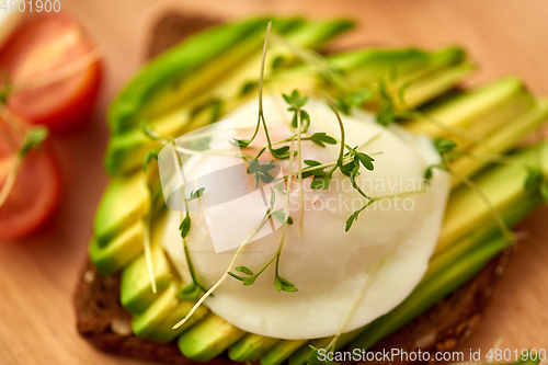 Image of toast bread with avocado, pouched egg and greens