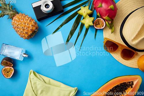 Image of sunglasses, hat, camera, fruits and clothes