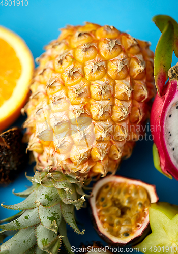 Image of close up of pineapple with other exotic fruits