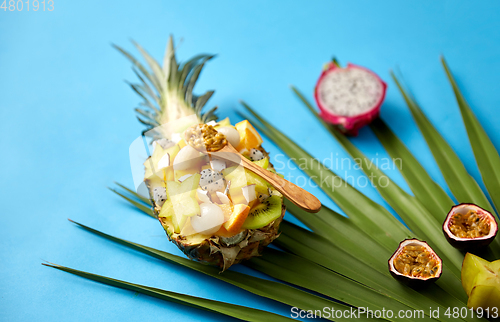 Image of mix of exotic fruits in pineapple with spoon