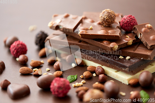 Image of close up of different chocolates, candies and nuts