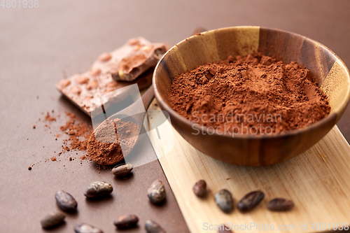 Image of chocolate with hazelnuts, cocoa beans and powder