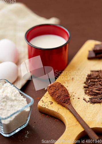 Image of chocolate, cocoa powder, milk, eggs and flour