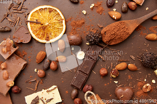 Image of cocoa beans, chocolate, nuts and cinnamon sticks