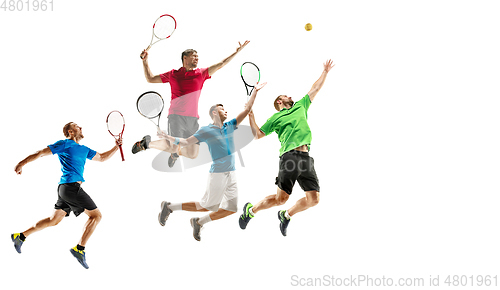 Image of Young caucasian tennis players running and jumping on white background