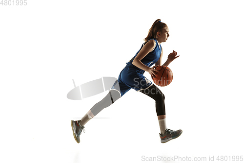 Image of Young caucasian female basketball player against white studio background