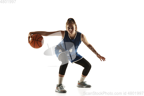 Image of Young caucasian female basketball player against white studio background