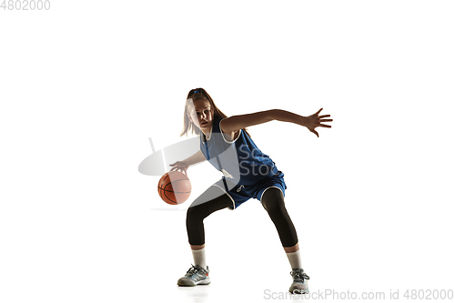 Image of Young caucasian female basketball player against white studio background