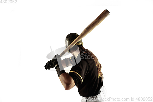 Image of Baseball player, pitcher in a black uniform practicing on a white background.