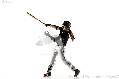 Image of Baseball player, pitcher in a black uniform practicing on a white background.