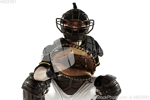 Image of Baseball player, pitcher in a black uniform practicing on a white background.