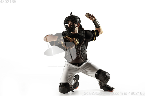 Image of Baseball player, pitcher in a black uniform practicing on a white background.