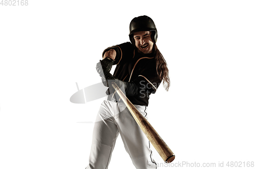 Image of Baseball player, pitcher in a black uniform practicing on a white background.