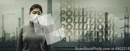 Image of Caucasian woman wearing the respiratory protection mask against air pollution and dusk with factories on background