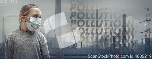 Image of Caucasian girl wearing the respiratory protection mask against air pollution and dusk with factories on background