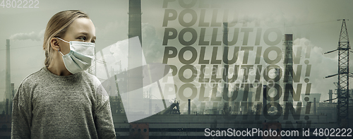 Image of Caucasian girl wearing the respiratory protection mask against air pollution and dusk with factories on background