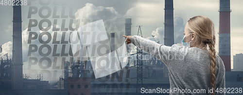 Image of Caucasian girl wearing the respiratory protection mask against air pollution and dusk with factories on background