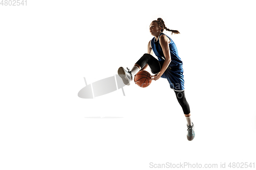 Image of Young caucasian female basketball player against white studio background