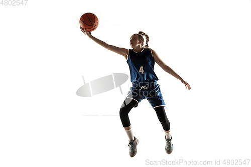 Image of Young caucasian female basketball player against white studio background