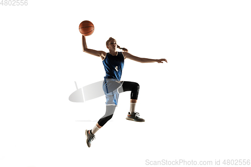 Image of Young caucasian female basketball player against white studio background