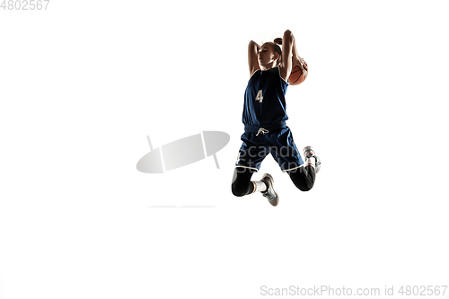 Image of Young caucasian female basketball player against white studio background