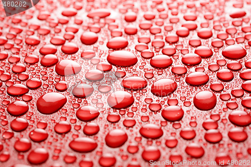Image of water drops on red background