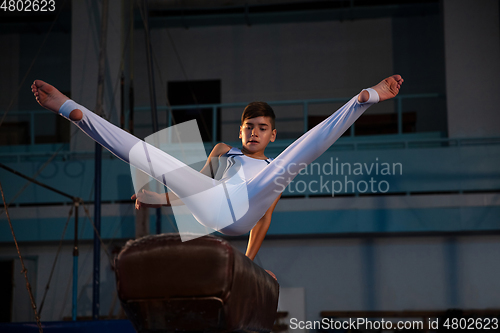 Image of Little male gymnast training in gym, flexible and active