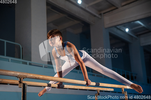 Image of Little male gymnast training in gym, flexible and active