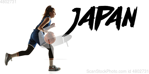 Image of Young caucasian female basketball player on white studio background, Tokyo