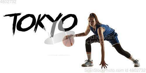 Image of Young caucasian female basketball player on white studio background, Tokyo