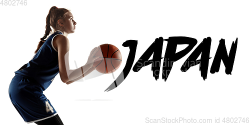 Image of Young caucasian female basketball player on white studio background, Tokyo