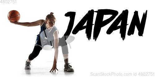 Image of Young caucasian female basketball player on white studio background, Tokyo