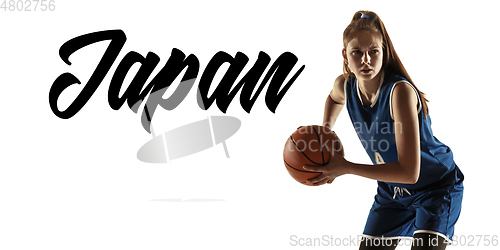 Image of Young caucasian female basketball player on white studio background, Tokyo